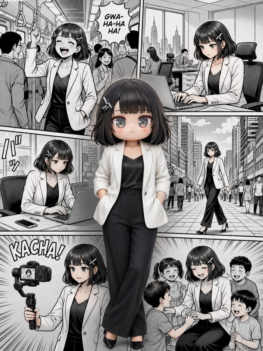 超写实全身肖像：一位自信的年轻职业女性站在巨型漫画/连环画拼贴背景中央。女性是唯一的彩色主体,而整个背景保持细节丰富的黑白漫画艺术风格。她有着中等长度的波浪状…