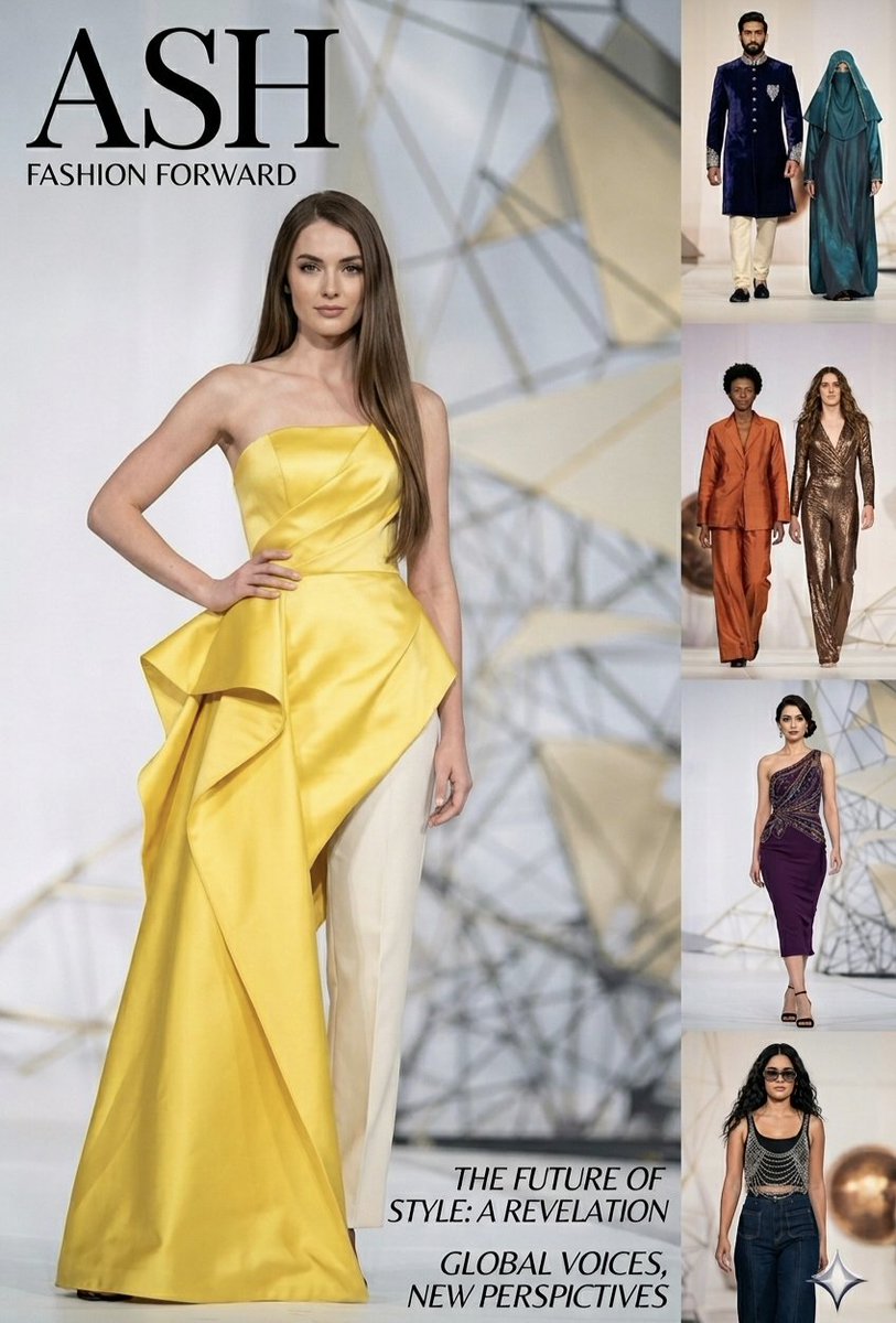 标题为“ASH FASHION FORWARD”的高级时尚杂志封面，采用中央分画布设计，从一侧清晰的秀场照片自然过渡到另一侧细致的艺术时尚插画。主体是一位留着…