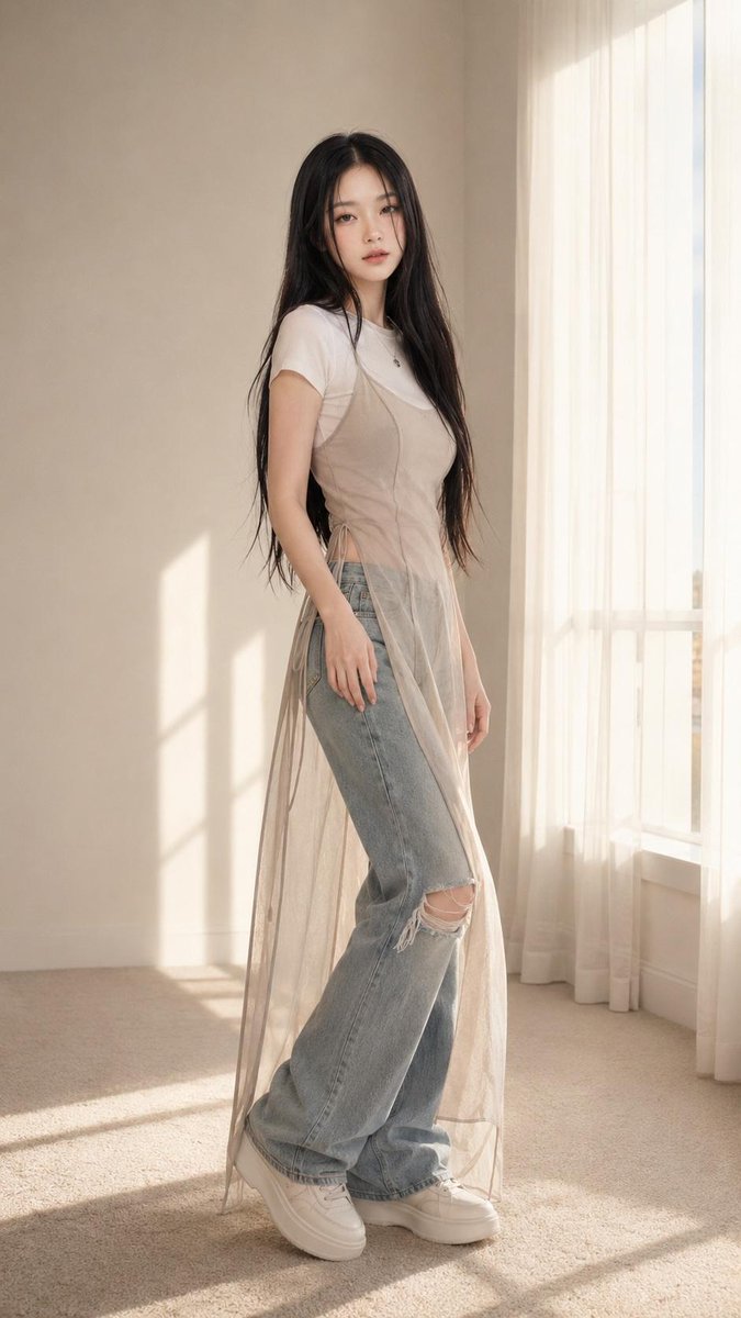 一张精致的照片级写实风格竖版全身时尚人像照,画面中一位成年女性安静地站立在一个极简风格的阳光室内空间里。她留着黑色长直发,柔和的中分发型,白皙的"chok-chok"水光肌,温柔…