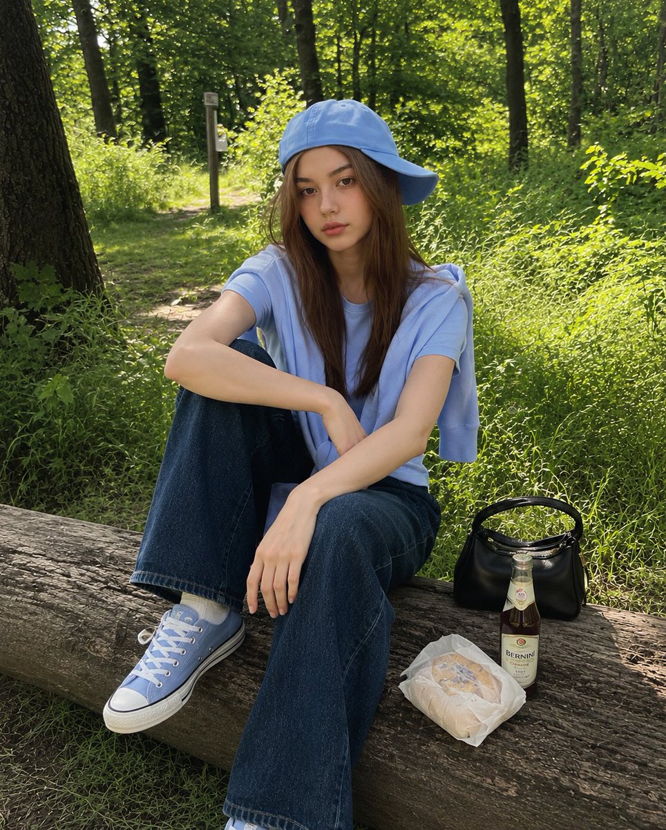夏日午后阳光明媚的茂密绿林中，一位年轻的韩国女孩随意坐在一根质朴的木头上拍摄的户外抓拍人像。她头戴一顶歪戴的浅蓝色棒球帽，身穿一件柔和粉蓝色的T恤，肩上搭着一件同色的针织衫，下身…