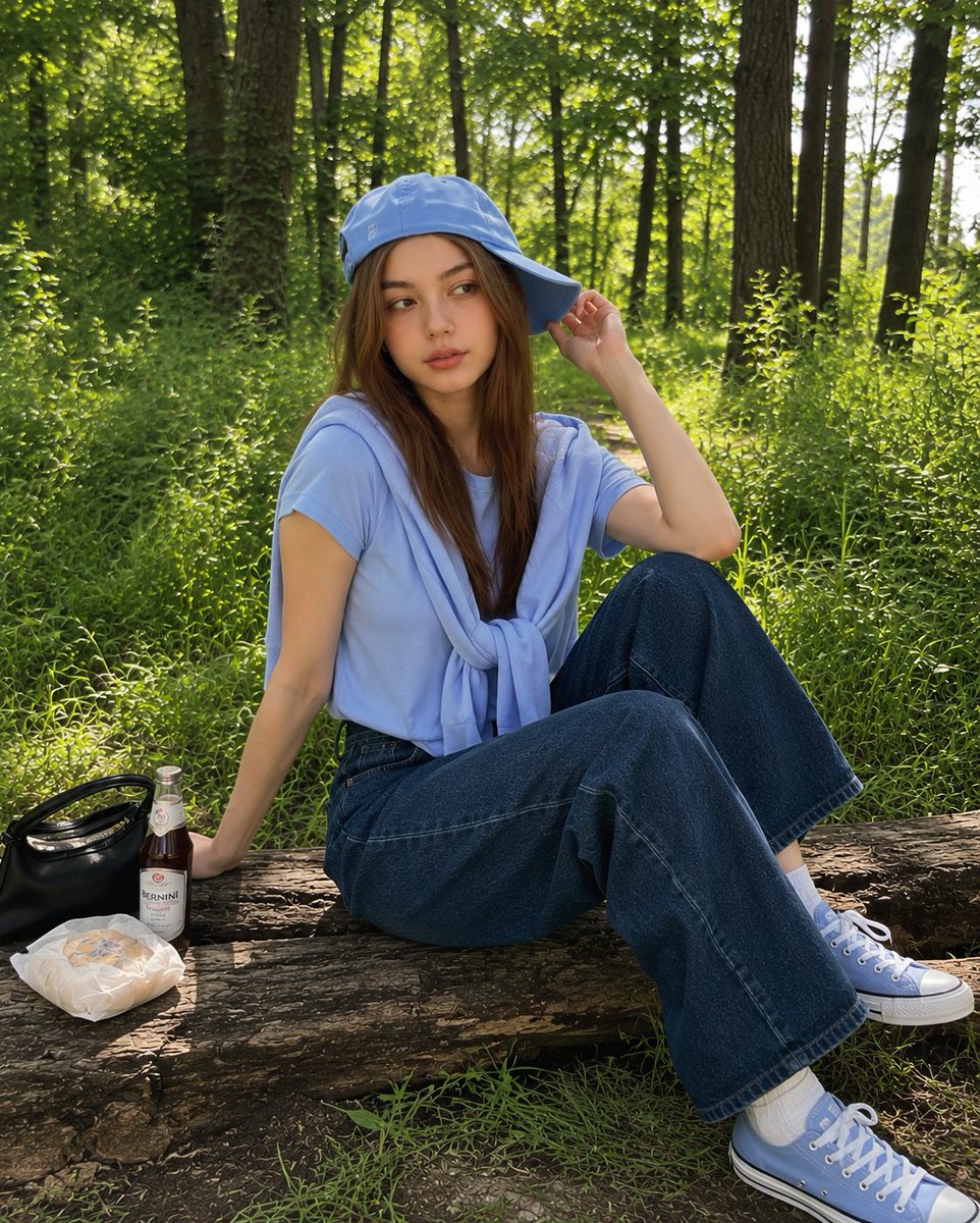 夏日午后阳光明媚的茂密绿林中，一位年轻的韩国女孩随意坐在一根质朴的木头上拍摄的户外抓拍人像。她头戴一顶歪戴的浅蓝色棒球帽，身穿一件柔和粉蓝色的T恤，肩上搭着一件同色的针织衫，下身…