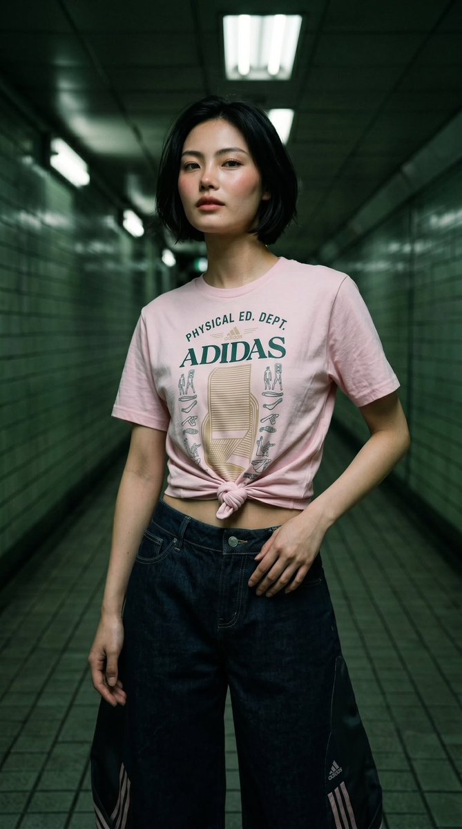 超写实时装编辑部摄影，赛博都市街头服饰宣传大片，拍摄于灯光昏暗、墙面铺有亮面瓷砖并装有电影感荧光顶灯的地下地铁通道中。留着利落黑色波波头、拥有陶瓷般细腻肌肤的年轻东亚女性，化着淡…