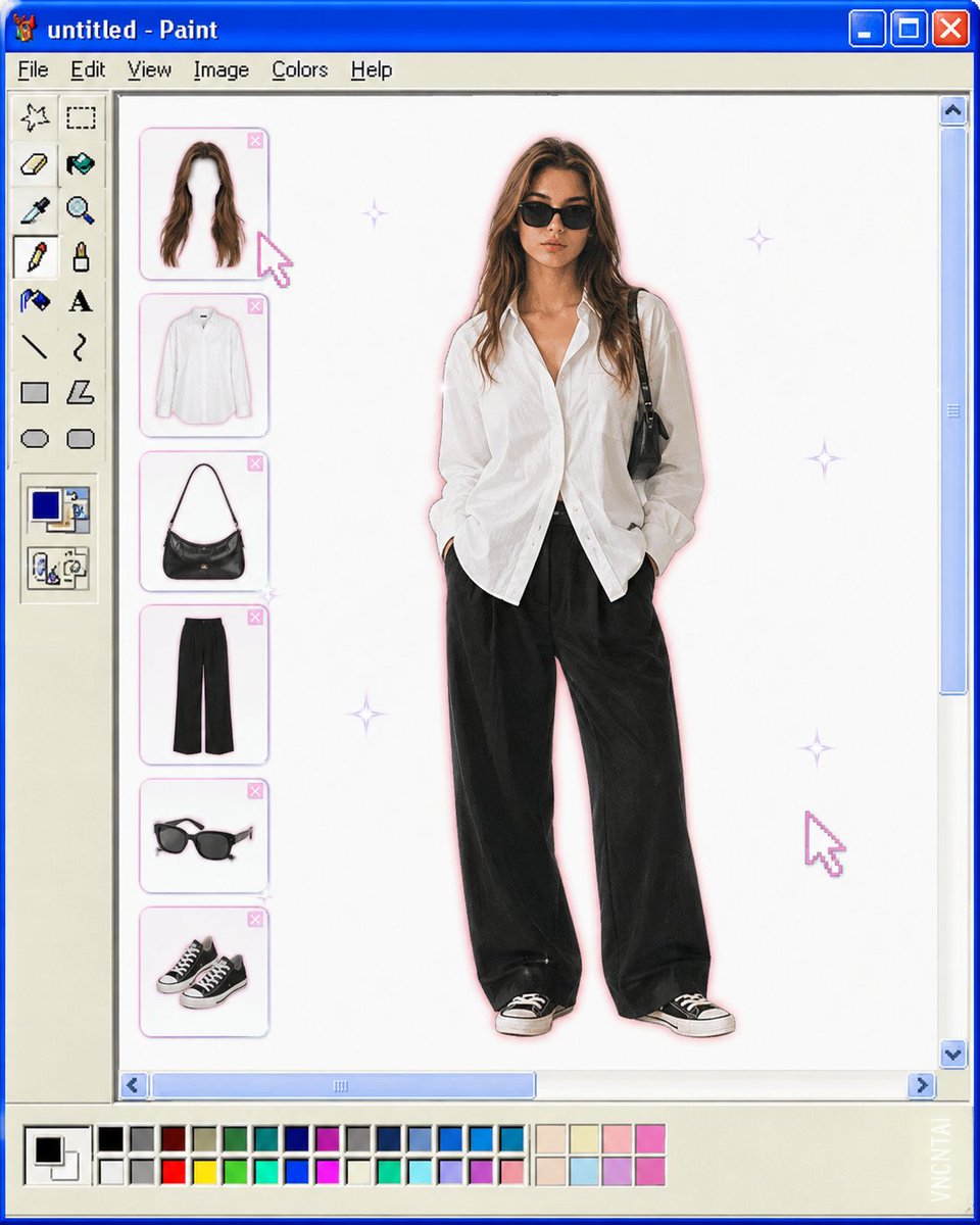 将上传的图片转换为复古 Windows MS Paint 换装界面美学风格。保持主体的全身剪裁居中放置在干净的白色画布上,仿佛置于一个老旧的 Windows XP / MS Pa…