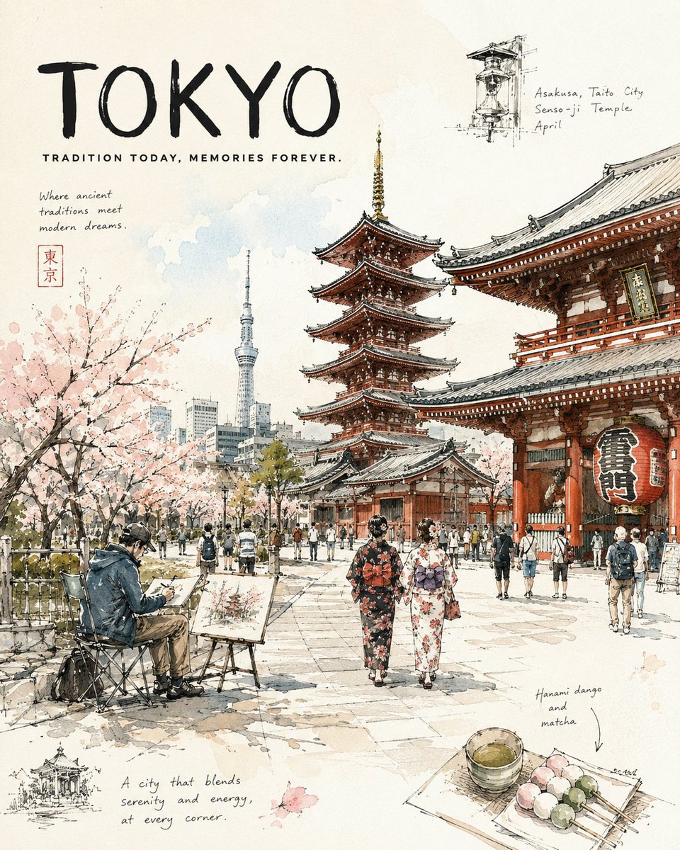 [地标 / 区域]，[城市]，[季节或月份]，[一天中的时段]。 一张高级的城市素描旅行日记海报，捕捉[地区 / 国家]最美文化目的地之一的日常生活。 游客在[当地树木 / 自然…