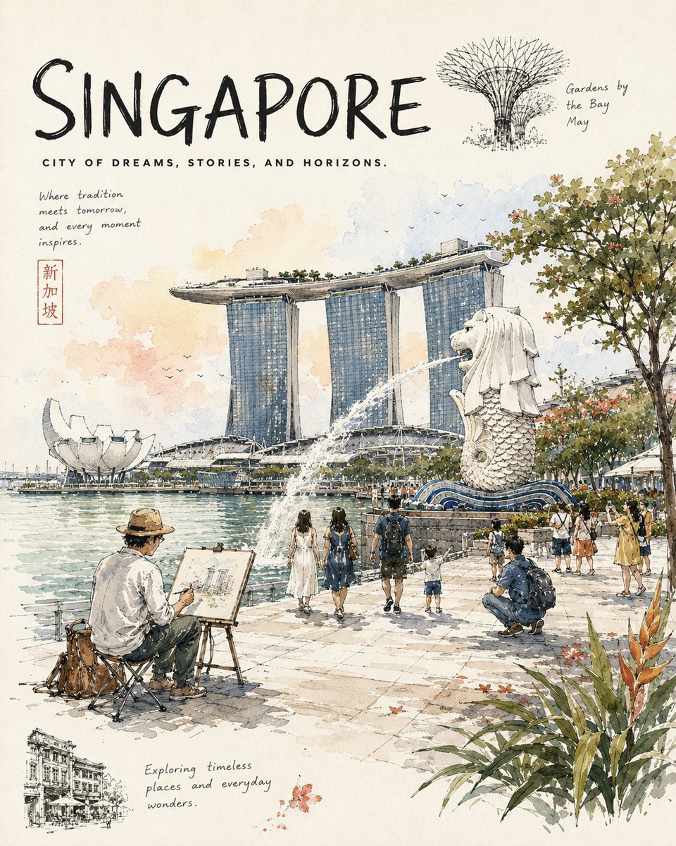 [地标 / 区域]，[城市]，[季节或月份]，[一天中的时段]。 一张高级的城市素描旅行日记海报，捕捉[地区 / 国家]最美文化目的地之一的日常生活。 游客在[当地树木 / 自然…