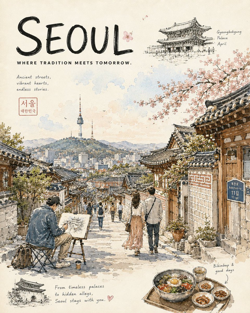 [地标 / 区域]，[城市]，[季节或月份]，[一天中的时段]。 一张高级的城市素描旅行日记海报，捕捉[地区 / 国家]最美文化目的地之一的日常生活。 游客在[当地树木 / 自然…