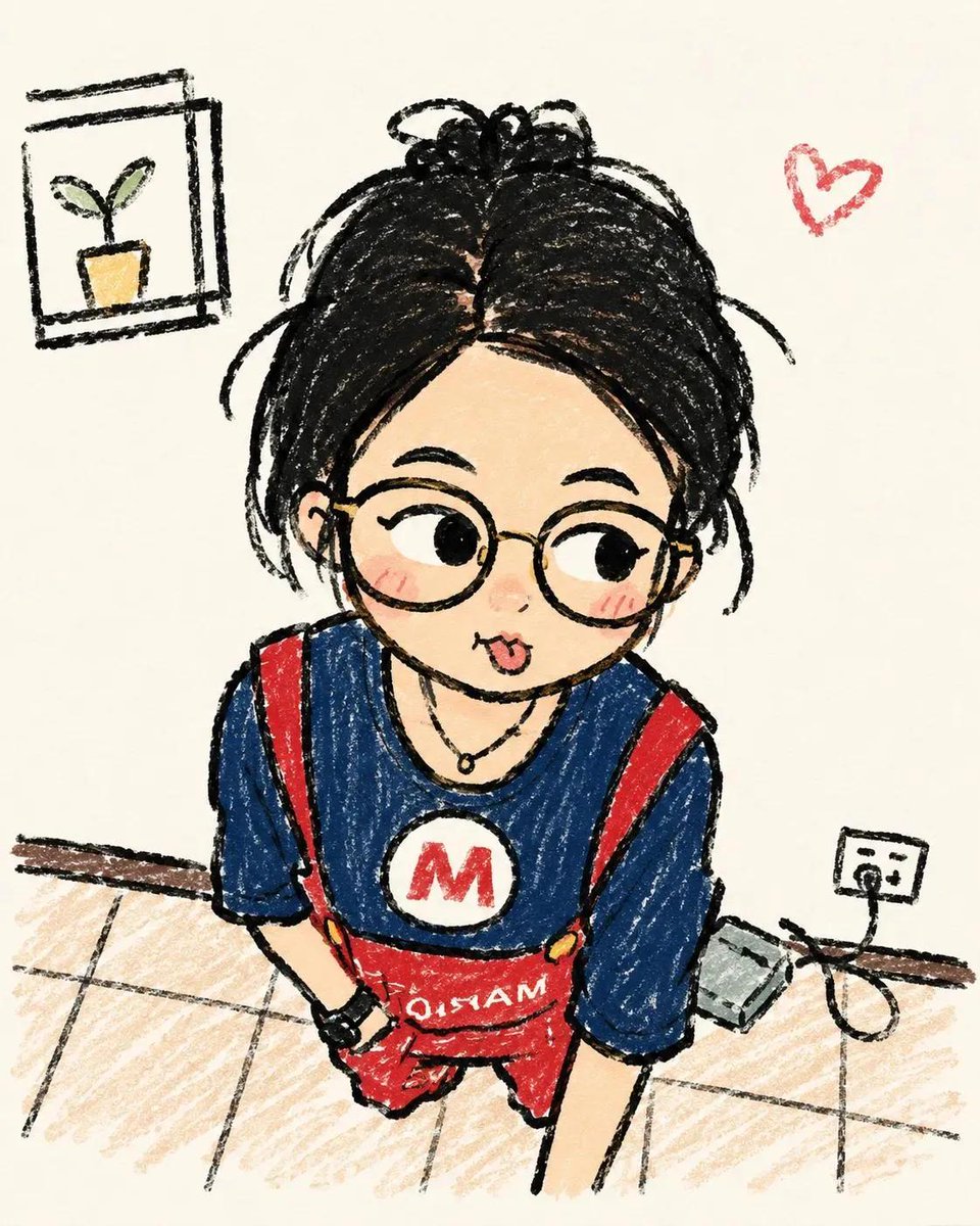 可爱的手绘Q版（chibi）女孩插画，温馨的速写本涂鸦艺术风格，大而灵动的眼睛，圆润的脸庞，柔和的腮红，凌乱的丸子头发型，超大圆框眼镜，休闲超大号卫衣与背带裤，以可爱的姿势坐在地…