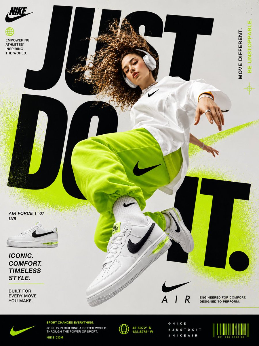 生成一张完美平面设计的耐克(Nike)鞋类广告海报。角色(印度年轻时尚女孩_戴着耳机_卷发)应悬浮于空中(Air),姿势需展现霓虹绿色宽松大码运动裤,带有黑色…