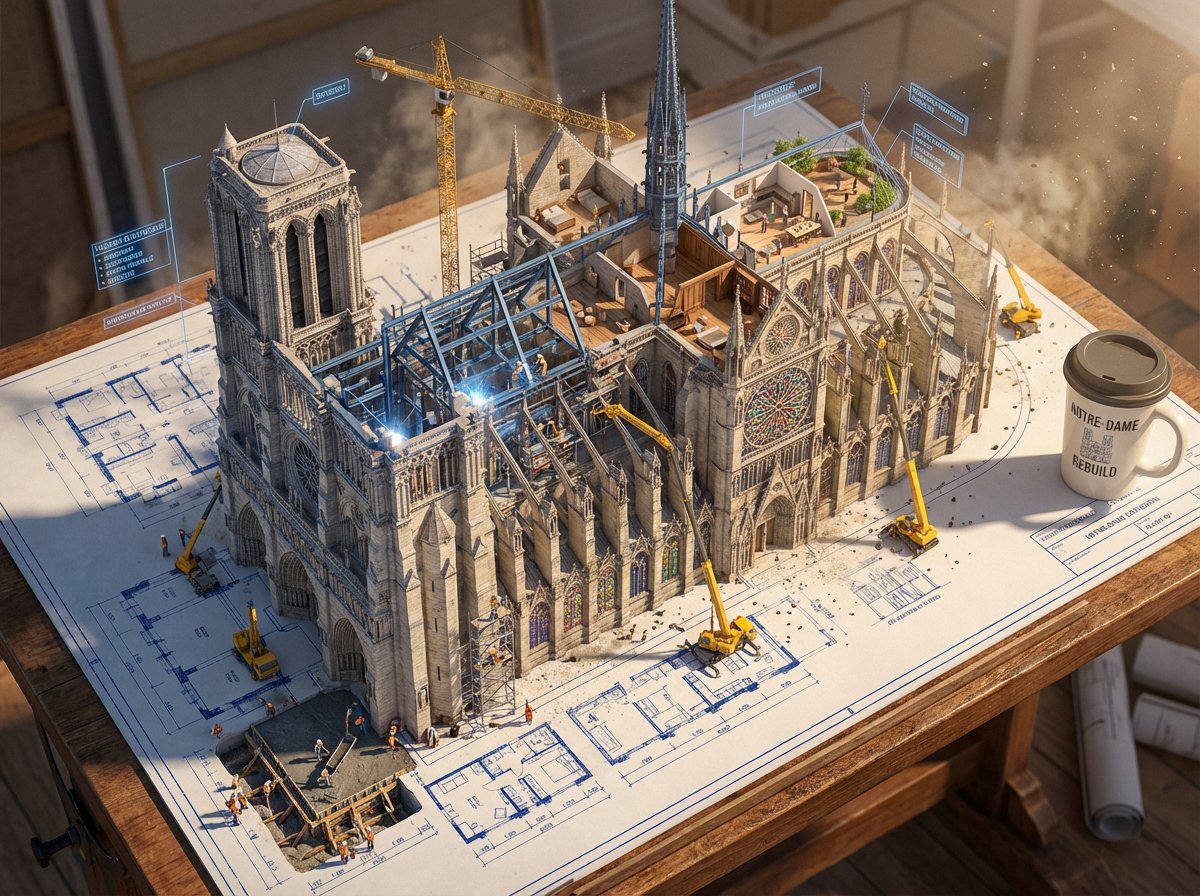 创建一个史诗级的照片写实3D场景:一张巨大的[建筑/结构]建筑蓝图被钉在绘图桌上,而墨线从纸面上浮起,化作真实的建筑工地。蓝色的平面线条在半空中被焊接成钢梁,楼层平面图扩展为带家…