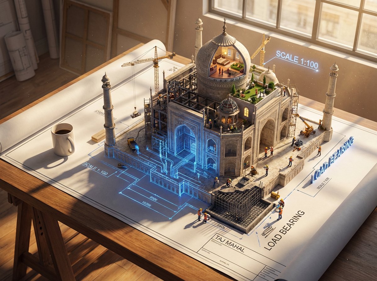 创建一个史诗级的照片写实3D场景:一张巨大的[建筑/结构]建筑蓝图被钉在绘图桌上,而墨线从纸面上浮起,化作真实的建筑工地。蓝色的平面线条在半空中被焊接成钢梁,楼层平面图扩展为带家…
