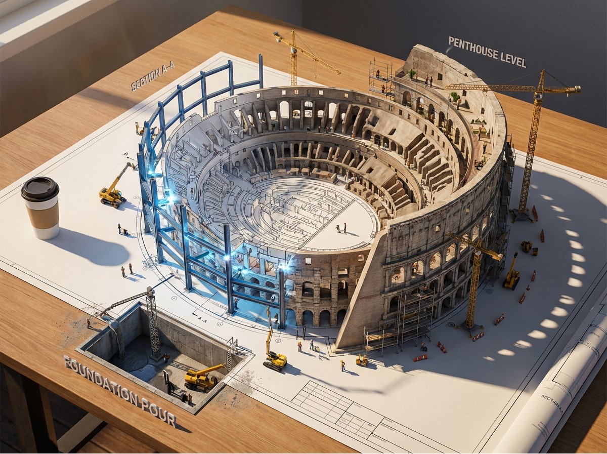 创建一个史诗级的照片写实3D场景:一张巨大的[建筑/结构]建筑蓝图被钉在绘图桌上,而墨线从纸面上浮起,化作真实的建筑工地。蓝色的平面线条在半空中被焊接成钢梁,楼层平面图扩展为带家…
