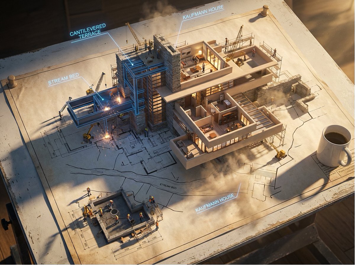 创建一个史诗级的照片写实3D场景:一张巨大的[建筑/结构]建筑蓝图被钉在绘图桌上,而墨线从纸面上浮起,化作真实的建筑工地。蓝色的平面线条在半空中被焊接成钢梁,楼层平面图扩展为带家…