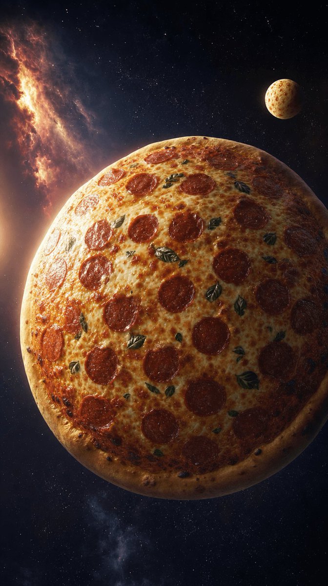papa john's 绝对不会 GPT Image 2 提示词 ⤵️ 超电影感、超现实的太空摄影：在一个漂浮于太空虚空中的巨型意大利香肠披萨形状的星球，从低…