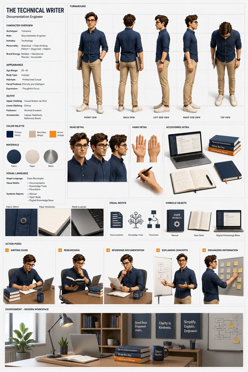 角色设定表细分领域。 提示词（GPT Image 2.0）： [CHARACTER TITLE]（角色标题）：THE TECHNICAL WRITER（技术写…