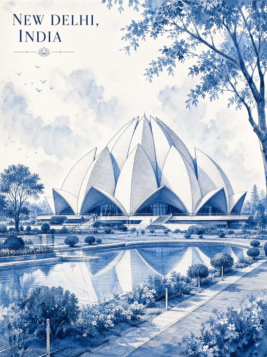 极简复古水彩旅行海报插画，描绘印度新德里莲花庙，整体以优雅的单色蓝水彩与精细钢笔线条绘制。清晨宁静的场景，以标志性的莲花庙为绝对视觉焦点，视角略低于花园水平面。寺庙举世闻名的莲花…