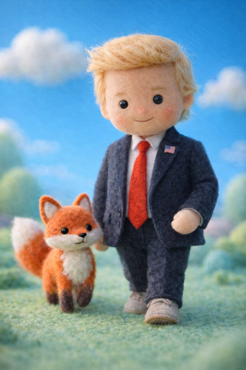 创作一个手工毛毡微缩插画，将[Celebrity]重新设计成一个柔软的羊毛玩偶角色。让人物拥有简洁可辨的面部特征、纽扣般的眼睛、温和含蓄的微笑，以及可见的手工毛毡质感。为角色搭配…