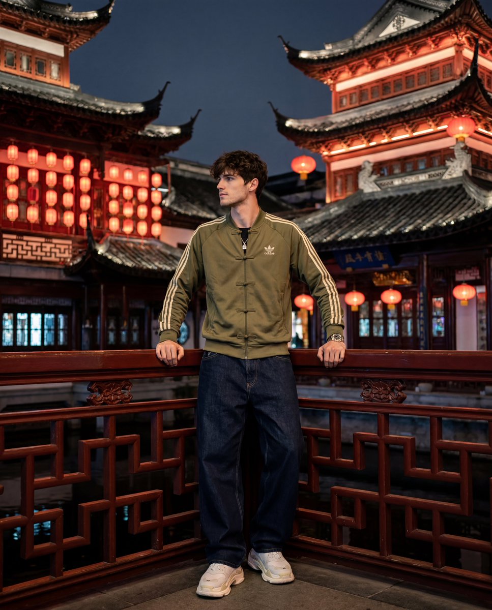 一张超写实的竖版 4:5 比例照片，拍摄于夜晚上海传统中国豫园内的雕花阳台。低位仰拍，主体背后是多层宝塔，屋檐上翘，挂着一排排红色纸灯笼，黑色瓦顶，整体建筑风格呈现温暖的赭红色调…