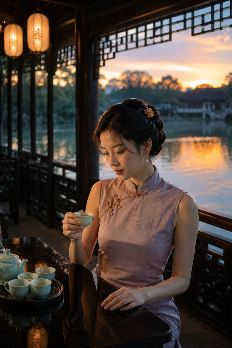 GPT Image 2 vs Midjourney v8.1 苏州园林｜旗袍写真 水榭黄昏 / Lakeside Teahouse at Dusk Promp…