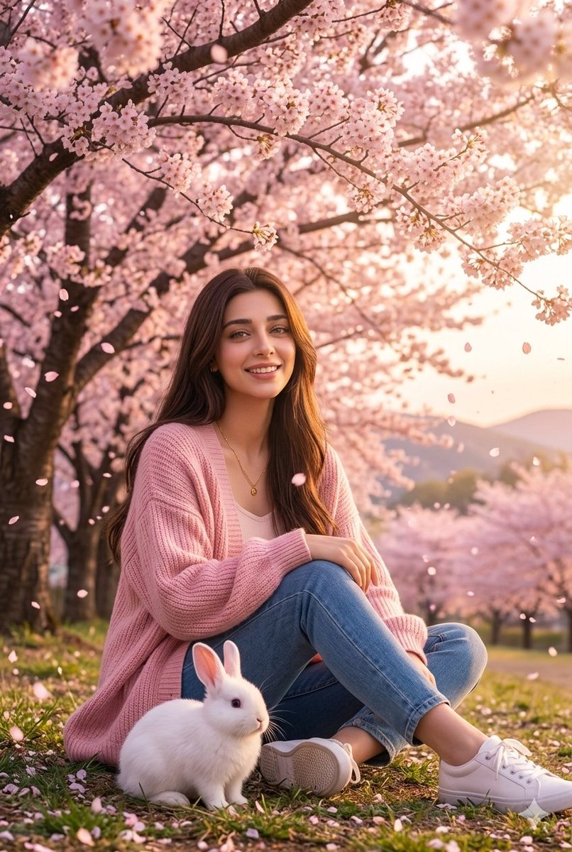 一张超写实的照片：一位美丽的年轻女子坐在日落时分盛开的樱花树下。她身穿柔软的粉色超大号开衫、蓝色牛仔裤和白色鞋子。一只毛茸茸的白色兔子坐在她身旁。粉色的花瓣在…