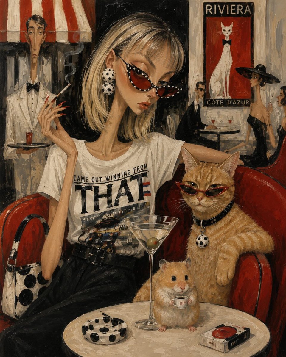一位时髦的时尚达人和她那只时尚的橙色虎斑猫并肩坐在一家迷人的法国里维埃拉咖啡馆里,两人都戴着优雅的红色猫眼太阳镜。女子有着修长优雅的脖颈、金色波波头发型、夸张的波点耳饰、锋利的红…