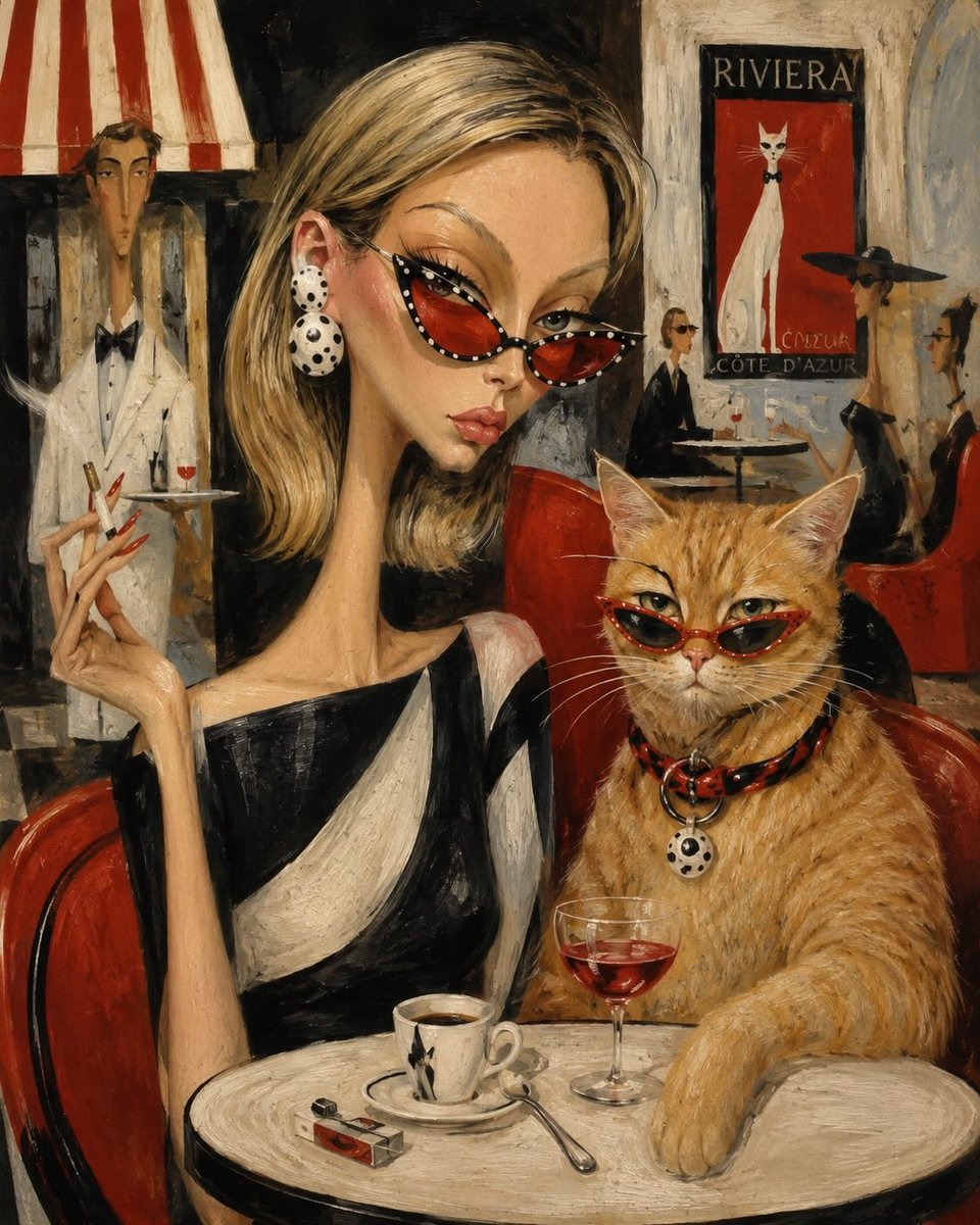 一位时髦的时尚达人和她那只时尚的橙色虎斑猫并肩坐在一家迷人的法国里维埃拉咖啡馆里,两人都戴着优雅的红色猫眼太阳镜。女子有着修长优雅的脖颈、金色波波头发型、夸张的波点耳饰、锋利的红…