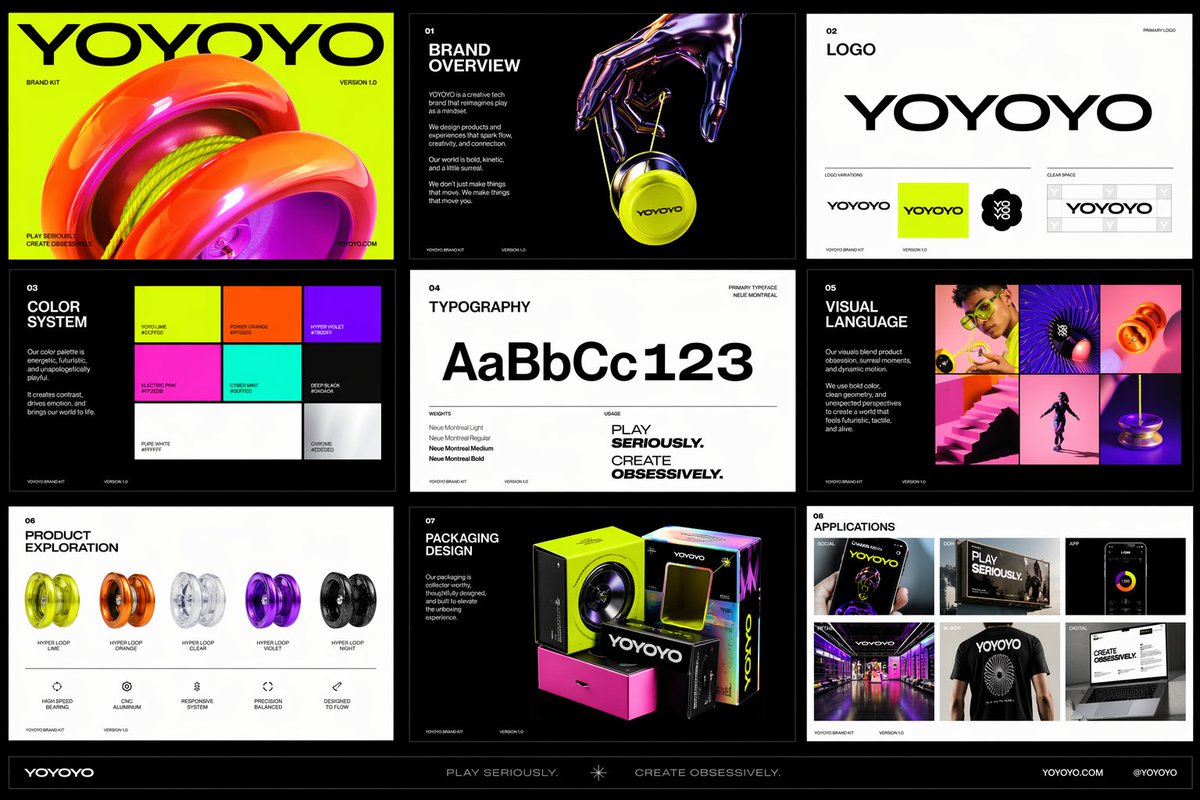 为一个名为 [YOYOYO] 的公司创建一个精致的跨页品牌工具集，通过多张图片呈现。该品牌应感觉好玩、未来感、充满活力且设计前卫，将玩具灵感的消费产品的能量与高端创意科技品牌的精…