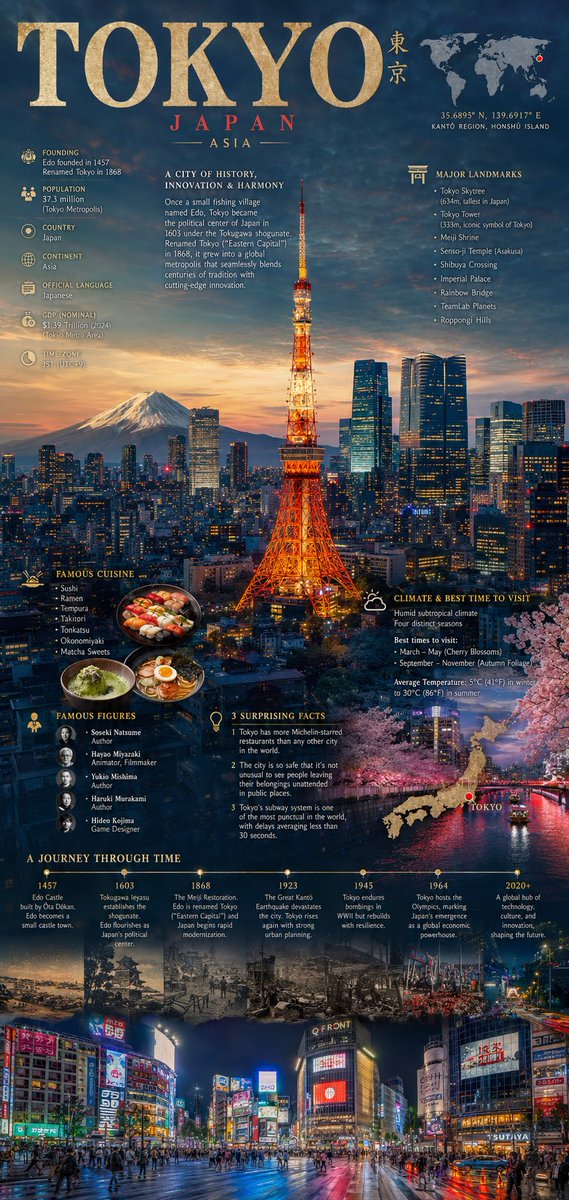 一张电影感的编辑类信息图表海报,主题城市为 [city name],以该城市最具标志性的天际线、地标或全景视野作为占据整个画面的主导视觉身份,并融合受高端《国家地理》城市专题启发…
