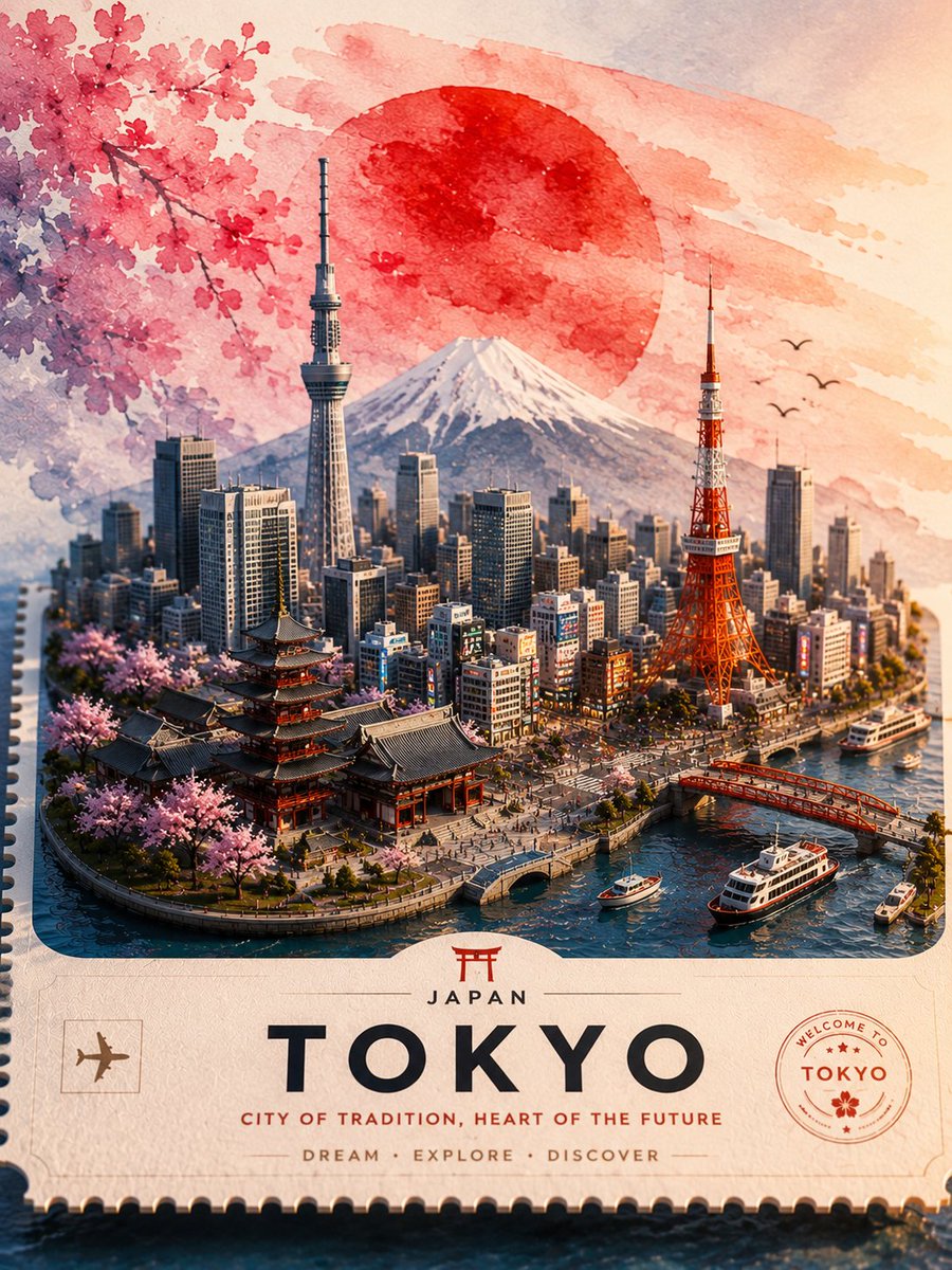 日本东京的超精细复古旅行海报插画，设计为高级收藏明信片或邮票艺术品。一幅令人惊叹的微型立体模型风格城市景观，将东京最具标志性的地标和谐地融合在同一个场景中。前景矗立着历史悠久的浅…