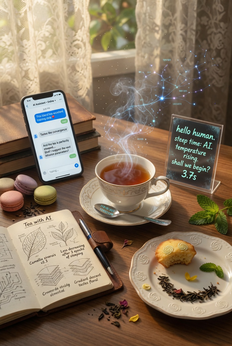 高度细致的电影感静物画面，名为《与AI共茶》（Tea with AI），呈现舒适的下午茶场景，带有放松的高管氛围，摆放在温暖的木质桌面上，背景有柔和的自然窗光…