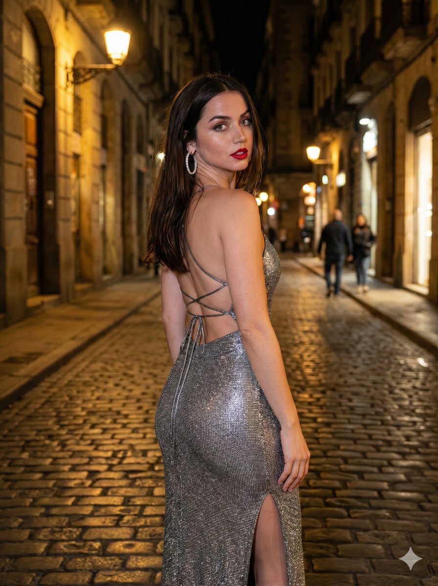 在 3:4 垂直画幅中创作一张照片级真实的电影感时尚人像，超高清，以 Ana de Armas 作为视觉身份参考。保留她可辨识的面部结构、深邃的榛绿色眼睛、自然的毛孔细节、柔和的…