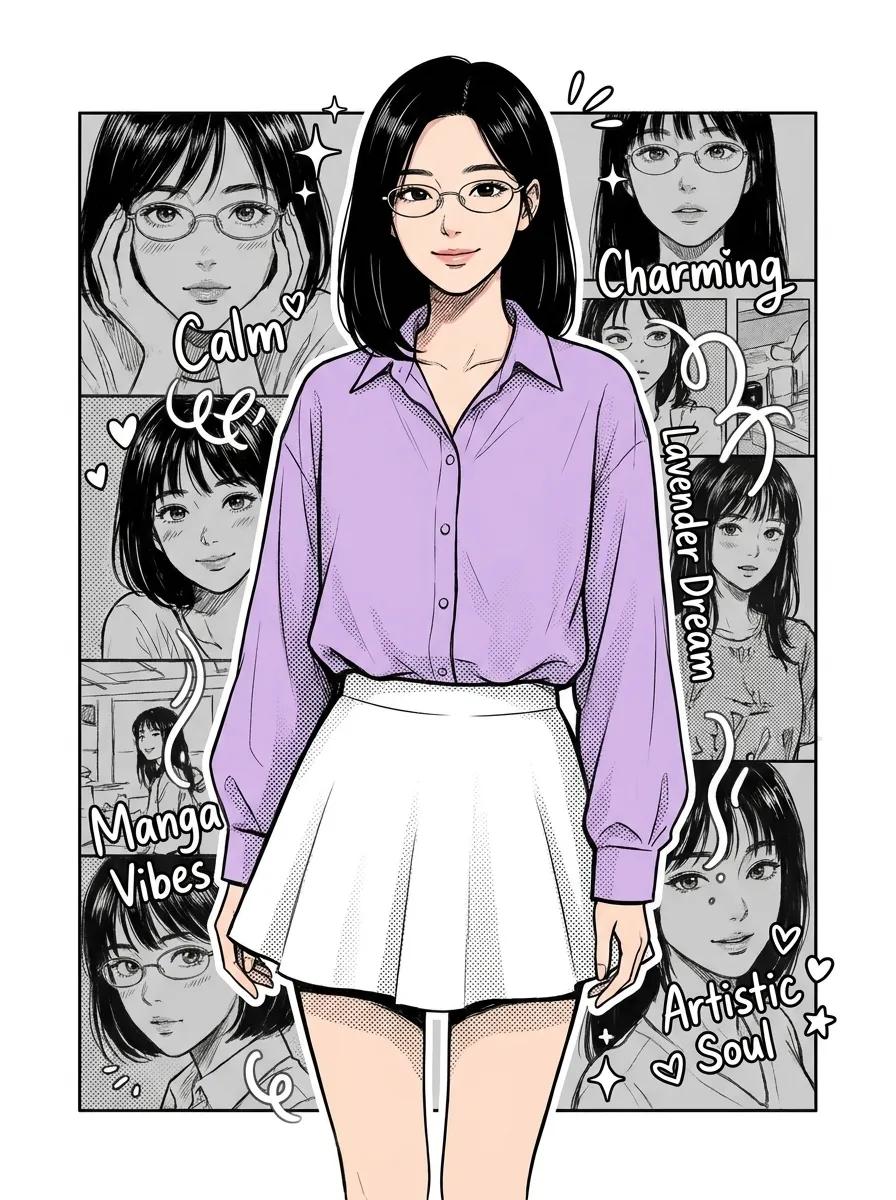 半写实动漫风格的年轻韩国女性,顺滑黑色齐下巴短发,细框椭圆眼镜,平静迷人的微笑,身穿淡紫色超大纽扣衬衫和白色喇叭裙,全身站立居中,身后是单色素描肖像拼贴,涂鸦…