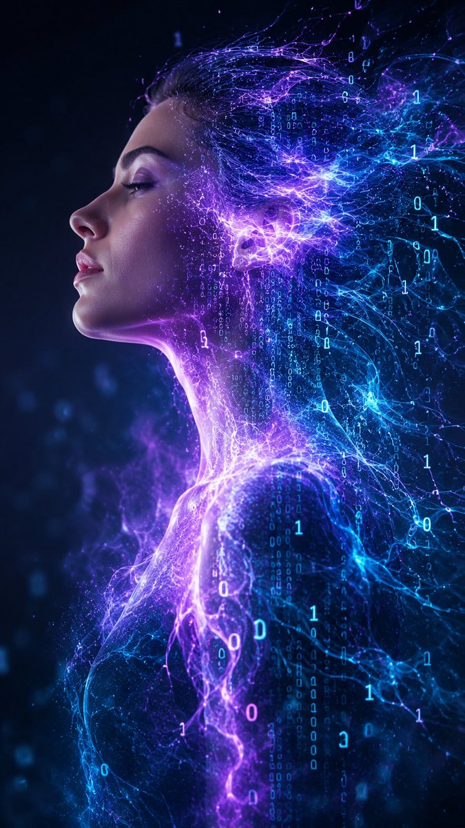 超写实超现实肖像,一位女性正在溶解为发光的能量流与数字代码,优雅的侧脸轮廓,紫色与青色的光芒从她身体中流淌而出,空灵的数据粒子环绕四周,电影级光影,体积光辉,柔和的散景背景,细腻…