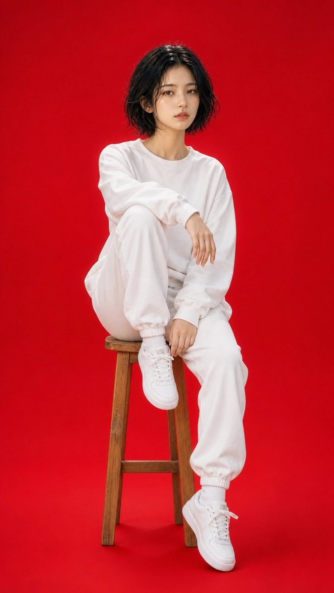 极简高级时装工作室人像：一位年轻女性，留着短款波浪黑色波波头，随意地坐在一把质朴的木凳上，背景是无缝拼接的鲜艳红色。她身穿超大白色卫衣、白色慢跑裤、白色短袜和干净的白色运动鞋。一…