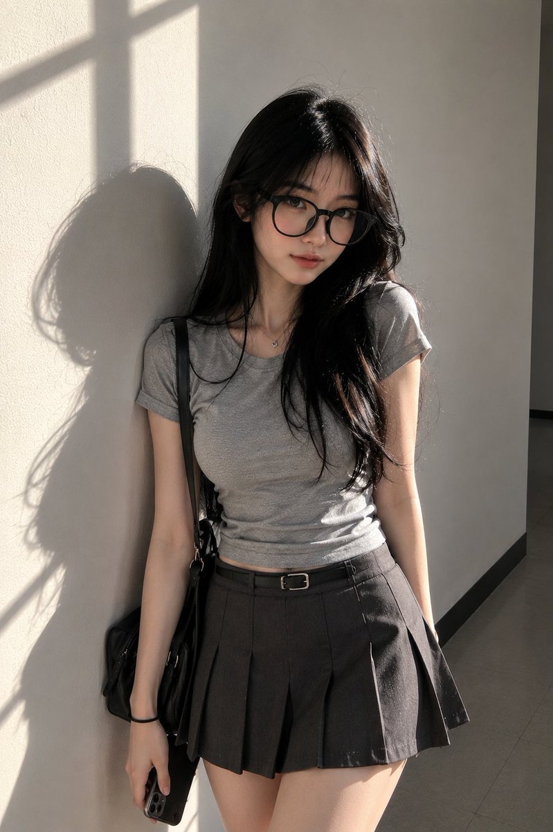 超写实的抓拍肖像：一位年轻东亚女性，在傍晚阳光下背靠一面倒干净的浅灰色教室墙壁站立。保持自然的面部外观——轮廓柔和的鹅蛋脸、柔和的下颌线、逼真的鼻型、均衡的眼…