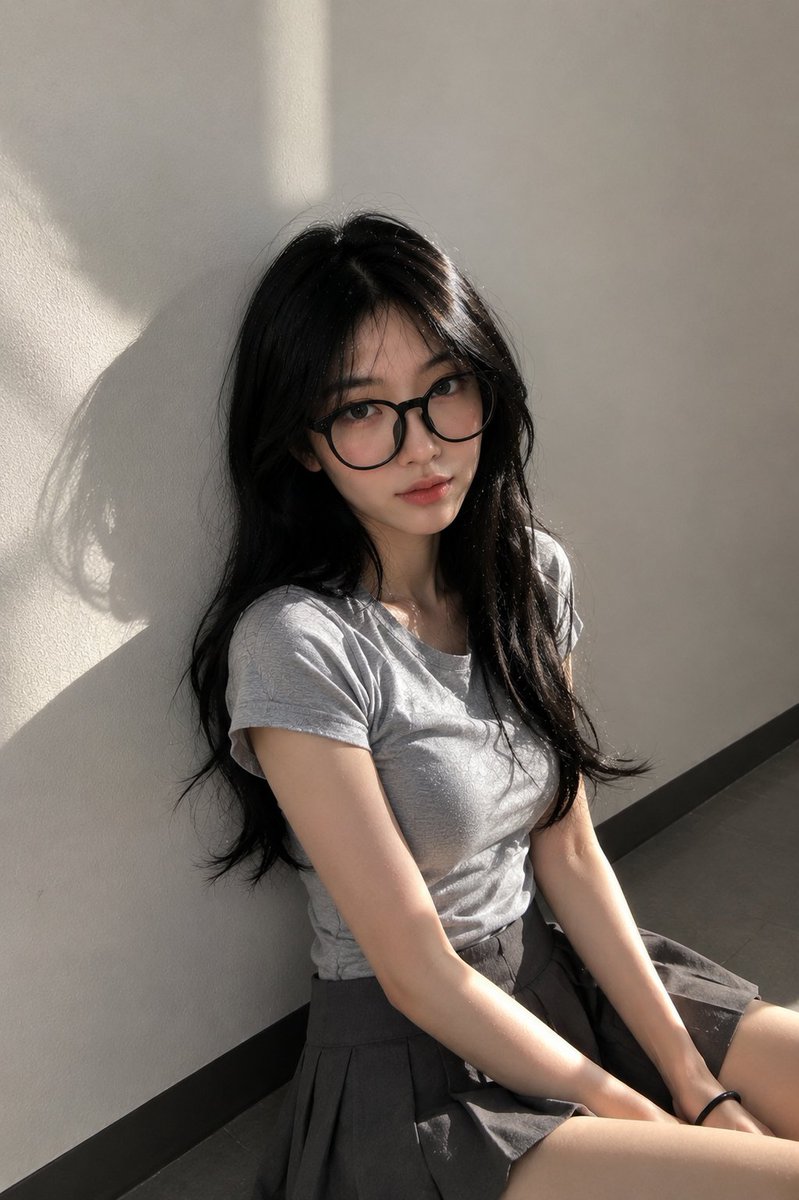 超写实的抓拍肖像:一位年轻东亚女性,在傍晚阳光下背靠一面倒干净的浅灰色教室墙壁站立。保持自然的面部外观——轮廓柔和的鹅蛋脸、柔和的下颌线、逼真的鼻型、均衡的眼距、微妙的不对称、真…