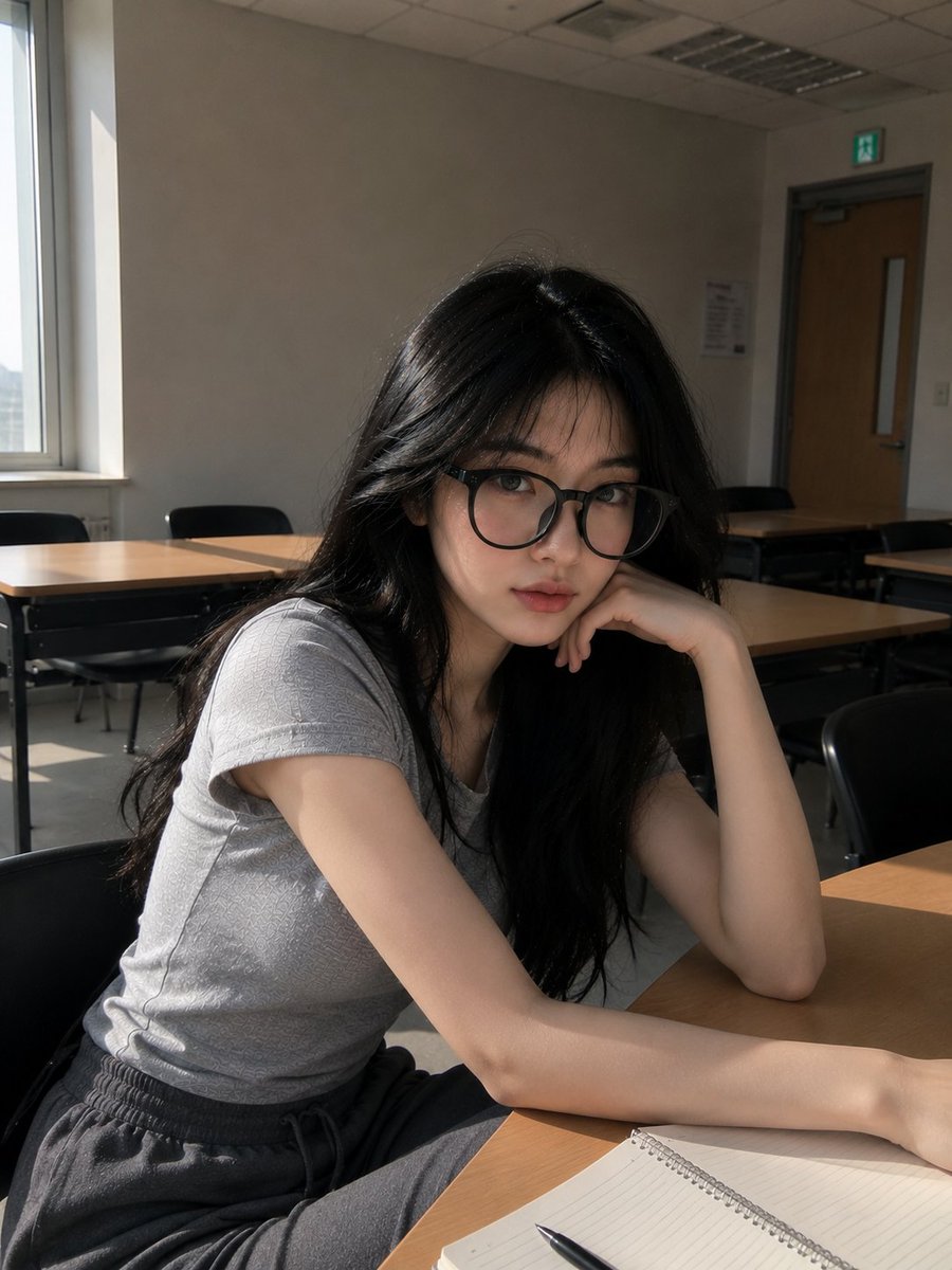 超写实的抓拍肖像:一位年轻东亚女性,在傍晚阳光下背靠一面倒干净的浅灰色教室墙壁站立。保持自然的面部外观——轮廓柔和的鹅蛋脸、柔和的下颌线、逼真的鼻型、均衡的眼距、微妙的不对称、真…
