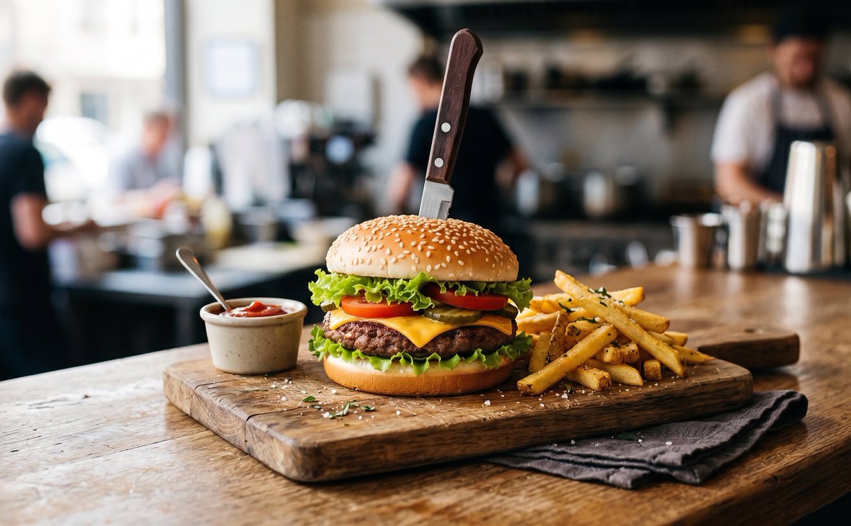 开场就是这样，我要用 authentic burger 来反击——使用 Leica M11 搭配 50mm f/1.4 Summilux 镜头拍摄。自然的柔和窗光，电影般的黄金时…