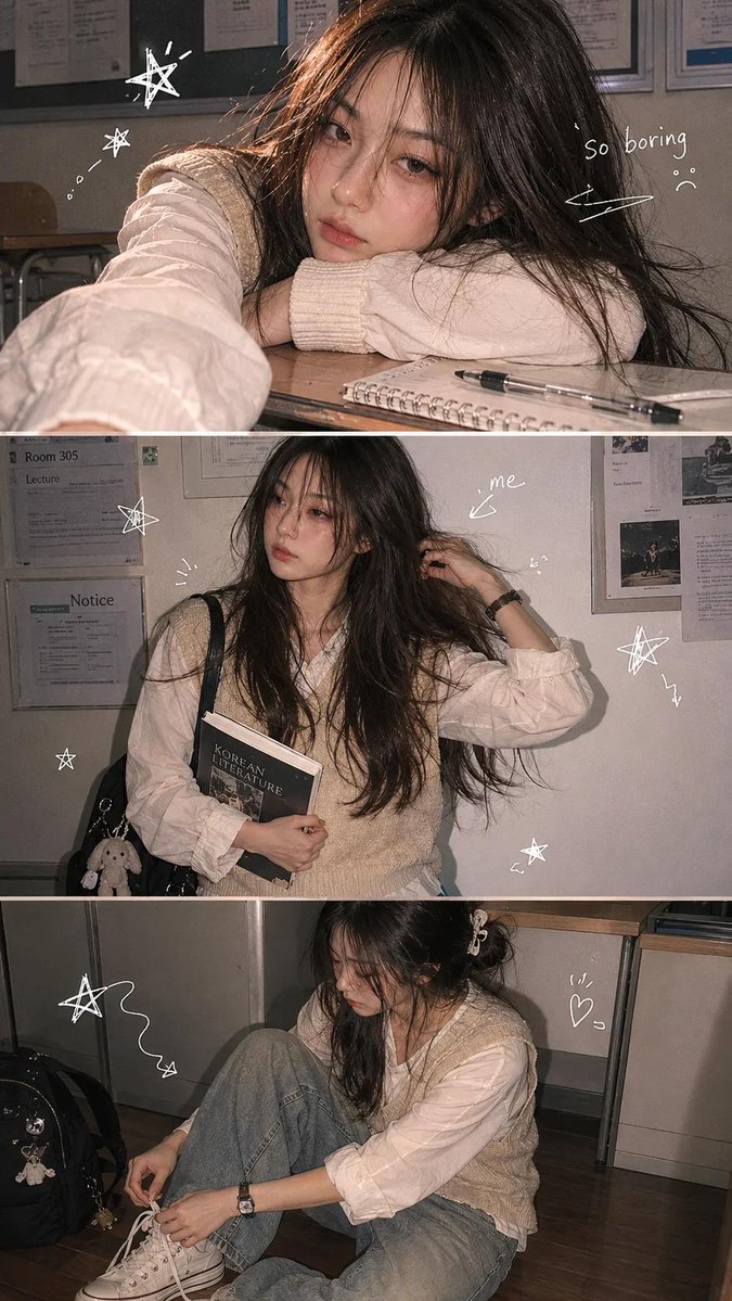 一张竖版三宫格的大学照片条。主角是一位长发女孩,穿着米色针织背心。第一格(顶部):特写,她把下巴搁在课桌上,看起来很无聊。第二格(中间):她靠着一面白色的教室墙站着,手里拿着一本…