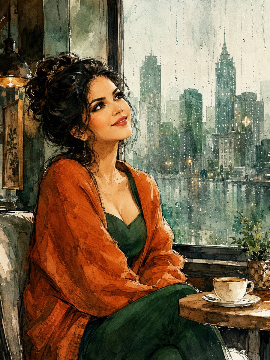 精美水彩插画：一位年轻女性坐在温馨的咖啡馆里，身旁是一扇覆盖着雨水的巨大窗户，她抬头仰望，神情梦幻而充满希望。深色头发优雅地盘成松散随意的发髻，几缕柔软的发丝垂落在脸颊两侧，淡妆…