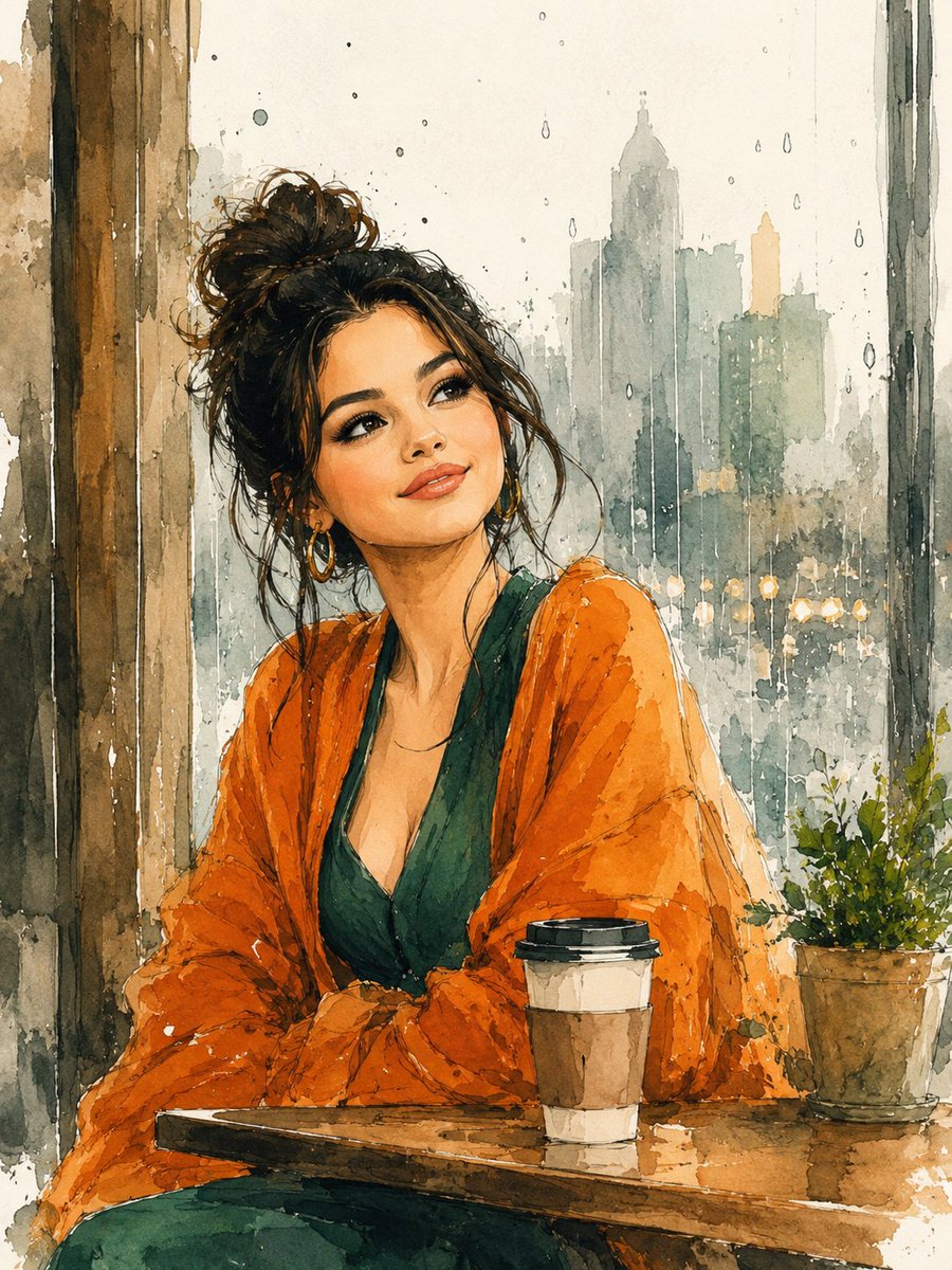 精美水彩插画：一位年轻女性坐在温馨的咖啡馆里，身旁是一扇覆盖着雨水的巨大窗户，她抬头仰望，神情梦幻而充满希望。深色头发优雅地盘成松散随意的发髻，几缕柔软的发丝垂落在脸颊两侧，淡妆…