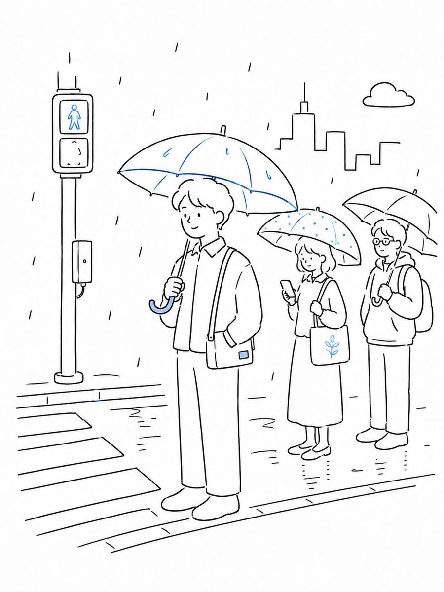 极简黑白矢量线条艺术插画，现代日韩编辑风格。简洁的连续细线条轮廓，白色背景，友好的角色搭配柔和圆润的特征，日常都市生活场景。一群通勤者在细雨中等待公交车站 / 乘坐地铁 / 横穿…