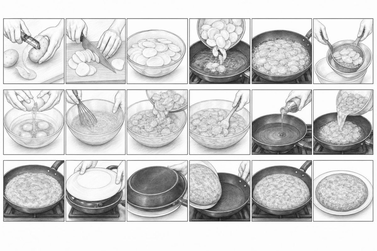 西班牙土豆煎蛋饼(tortilla de patatas)烹饪故事板,18格分步食谱插图,逼真石墨铅笔画,单色灰度,专业烹饪故事板。仅展示手部和食材的连续特写场景:削土豆皮,将土…