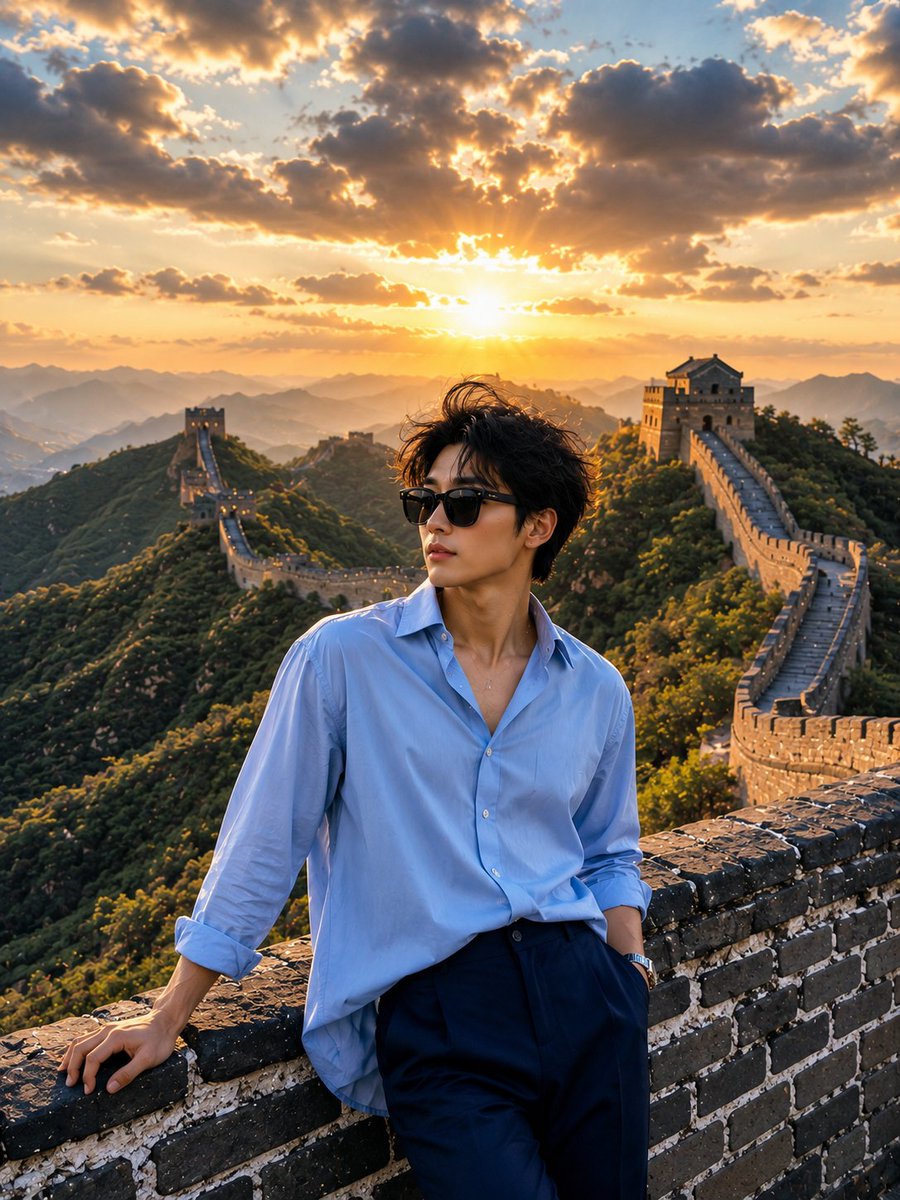 超写实的旅行摄影:一位时尚年轻女性在黄金时刻日落时分站立在中国长城上,随意倚靠在古老的石头女墙上。她戴着超大号黑色墨镜,身穿宽松的浅蓝色纽扣衬衫和优雅的深蓝色长裤。乌黑的长发在风…
