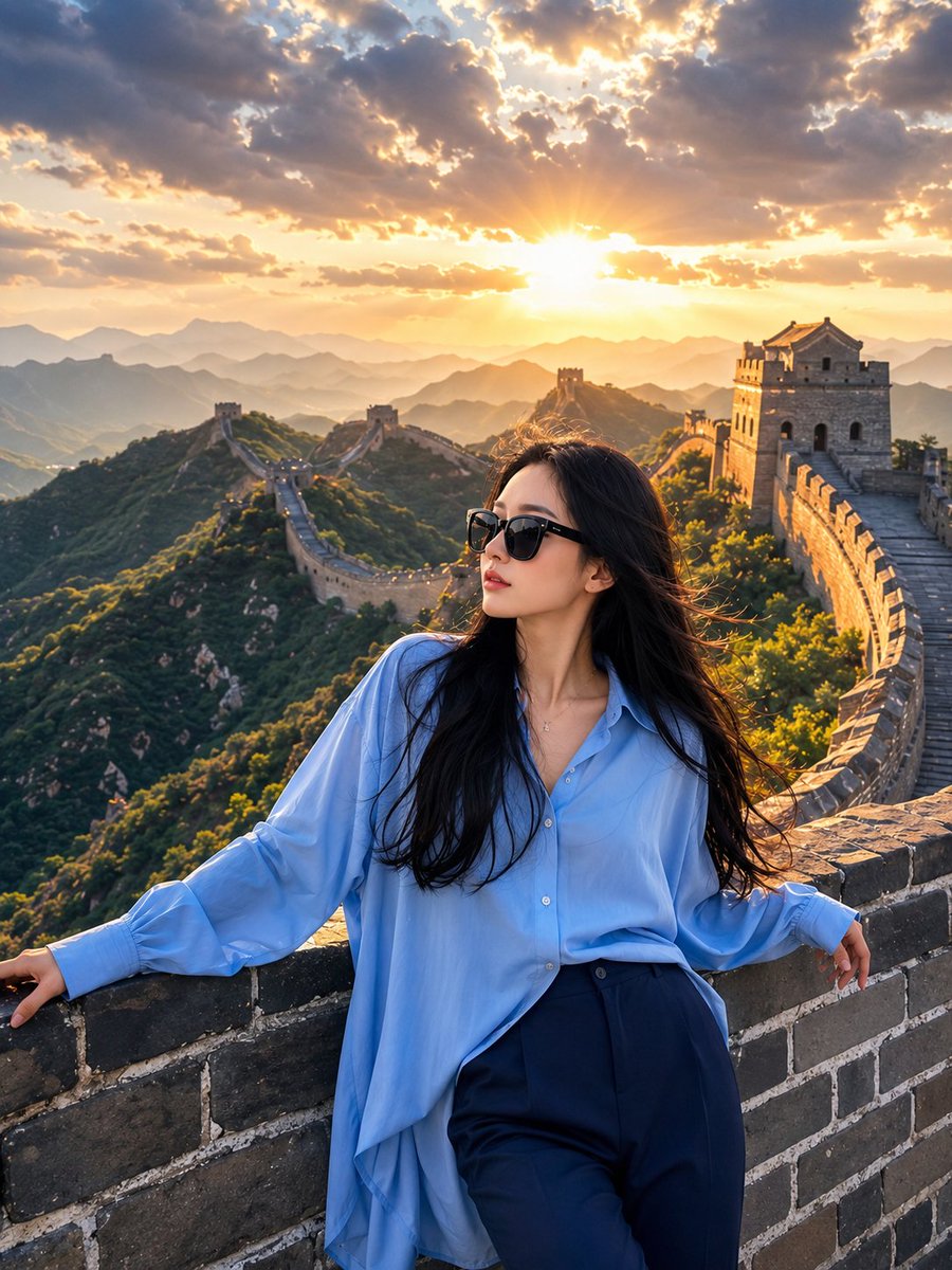 超写实的旅行摄影:一位时尚年轻女性在黄金时刻日落时分站立在中国长城上,随意倚靠在古老的石头女墙上。她戴着超大号黑色墨镜,身穿宽松的浅蓝色纽扣衬衫和优雅的深蓝色长裤。乌黑的长发在风…