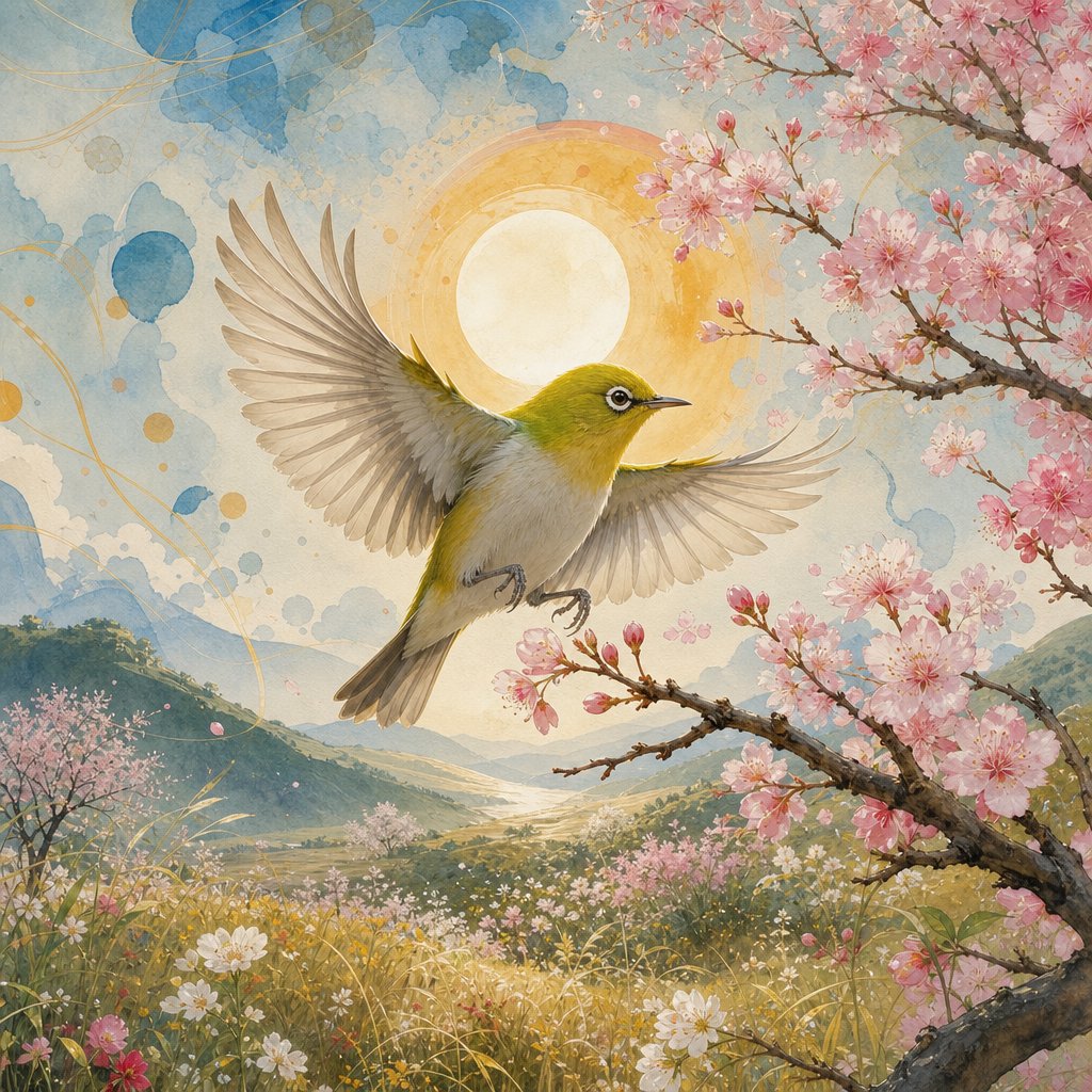 超精细的日本绣眼鸟（Japanese white eye bird）正展翅飞翔，翅膀大幅张开，准备停落在樱花树枝上，居中映衬在质感柔和的浅蓝色天空前。中央有一轮明亮的落日，散发微…