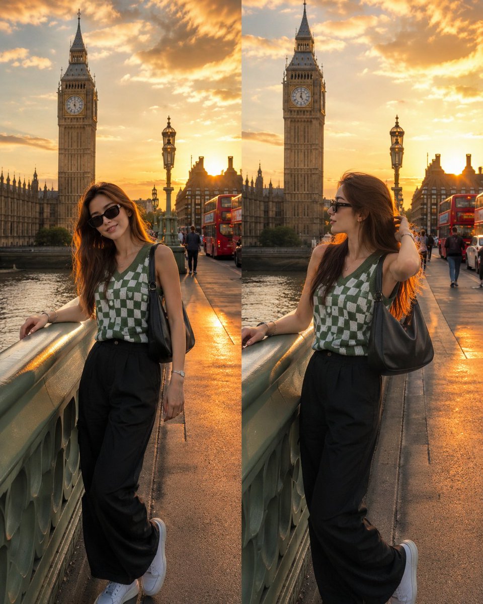 Nano banana Pro on Gemini app { "prompt": "Beautiful young Korean woman posing on Westmin…