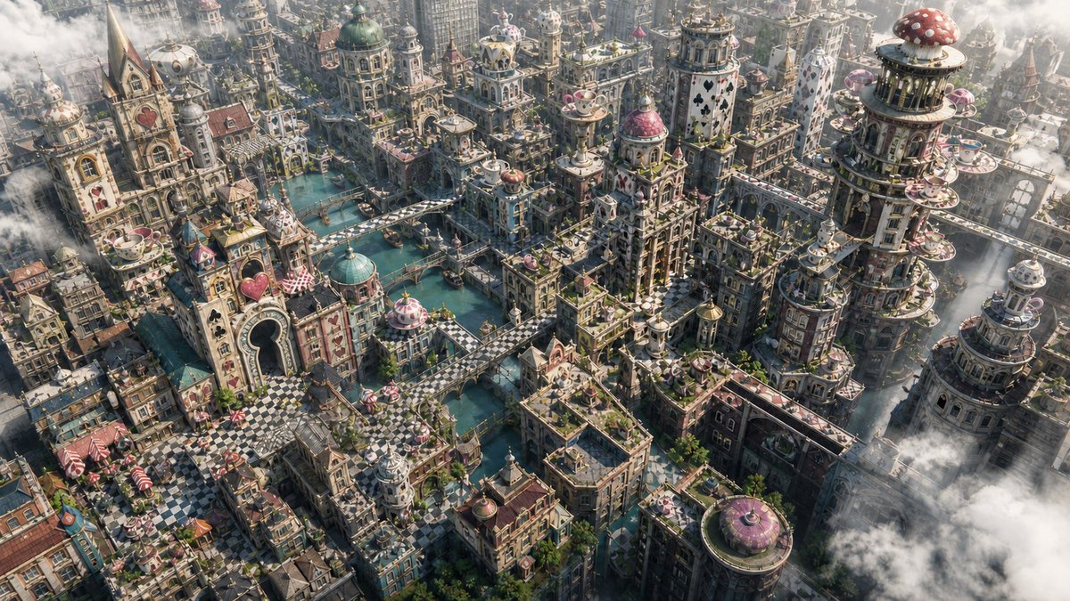 创建一张高细节的 16:9 航拍地形图像，呈现一个受《爱丽丝漫游奇境》启发的幻想市中心。城市应兼具奇趣、电影感和建筑感：纸牌花色塔楼、棋盘格广场、钥匙孔大门、…
