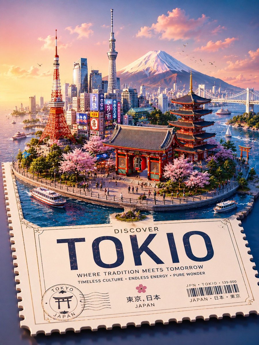创作一张高级风格化的 3D 等距旅行海报,主题为 [TOKIO],设计为一个漂浮的微型世界,放置在一张大型票根、明信片或邮票平台之上,平台带有锯齿状打孔边缘。自动包含与该地点相关…