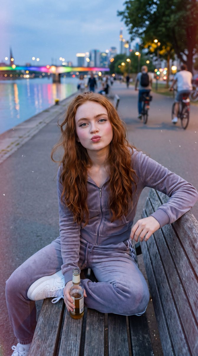 超写实生活方式人像:一位年轻女子留着长长的波浪红发,金色时刻随意地坐在河边的木质长椅上。她身穿柔软的淡紫色天鹅绒运动套装(拉链连帽衫和慢跑裤),脚踩干净的白色…