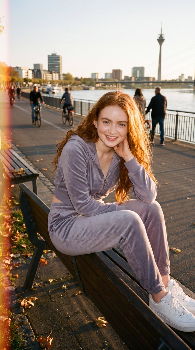 超写实生活方式人像:一位年轻女子留着长长的波浪红发,金色时刻随意地坐在河边的木质长椅上。她身穿柔软的淡紫色天鹅绒运动套装(拉链连帽衫和慢跑裤),脚踩干净的白色运动鞋。她对着镜头温…